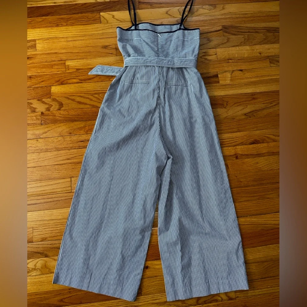 J.‎ CREW Striped Cotton Cropped Jumpsuit Tie Waist Belted Navy Blue White size 2